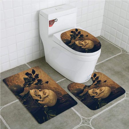 GOHAO Gothic Human Skull Dead Dried Roses in Vase Grunge Style Bourgeois Life 3 Piece Bathroom Rugs Set Bath Rug Contour Mat and Toilet Lid Cover
