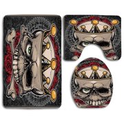 GOHAO Gothic Skull Crown Roses Bones Dead King Halloween 3 Piece Bathroom Rugs Set Bath Rug Contour Mat and Toilet Lid Cover