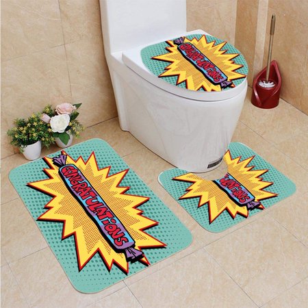 GOHAO Graduation Congratulations Candy Sweets Pop Retro Style Comic Book 3 Piece Bathroom Rugs Set Bath Rug Contour Mat and Toilet Lid Cover