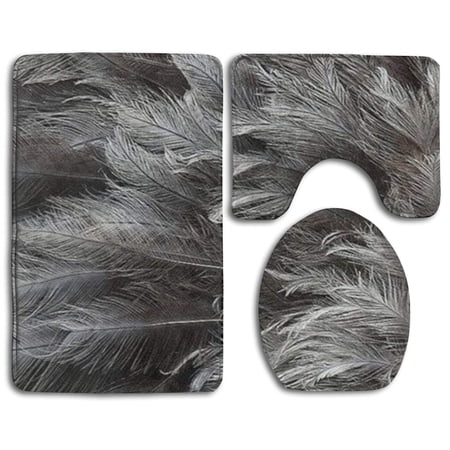 GOHAO Gray Feathers 3 Piece Bathroom Rugs Set Bath Rug Contour Mat and Toilet Lid Cover