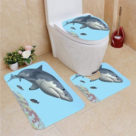 GOHAO Great Shark 3 Piece Bathroom Rugs Set Bath Rug Contour Mat and Toilet Lid Cover