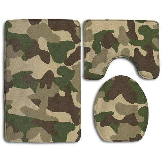 GOHAO Green Coffee Camouflage 3 Piece Bathroom Rugs Set Bath Rug Contour Mat and Toilet Lid Cover