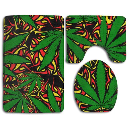 GOHAO Green Maple Leaves Art 3 Piece Bathroom Rugs Set Bath Rug Contour Mat and Toilet Lid Cover