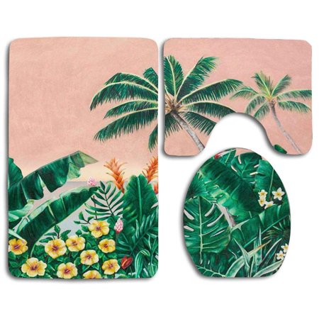 GOHAO Green Palm Leaf 1 3 Piece Bathroom Rugs Set Bath Rug Contour Mat and Toilet Lid Cover