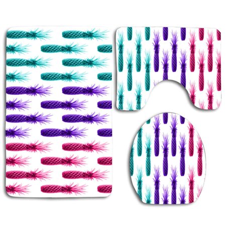 GOHAO Green Purple Pink Pineapple 3 Piece Bathroom Rugs Set Bath Rug Contour Mat and Toilet Lid Cover
