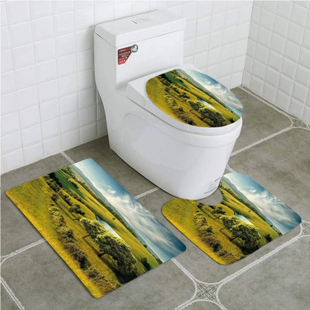 GOHAO Green Scenic Scenery Hilly Landscape Lake and Blue Cloudy Sky Trees Meadow 3 Piece Bathroom Rugs Set Bath Rug Contour Mat and Toilet Lid Cover