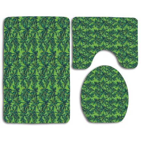 GOHAO Green Tropical Island Forest Theme Palm Trees Exotic Hawaii Nature Jungle 3 Piece Bathroom Rugs Set Bath Rug Contour Mat and Toilet Lid Cover