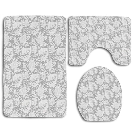 GOHAO Grey Big Leaves on Old Fashion Floral Background Feminine Dramatic Style Retro Graphic 3 Piece Bathroom Rugs Set Bath Rug Contour Mat and Toilet Lid Cover