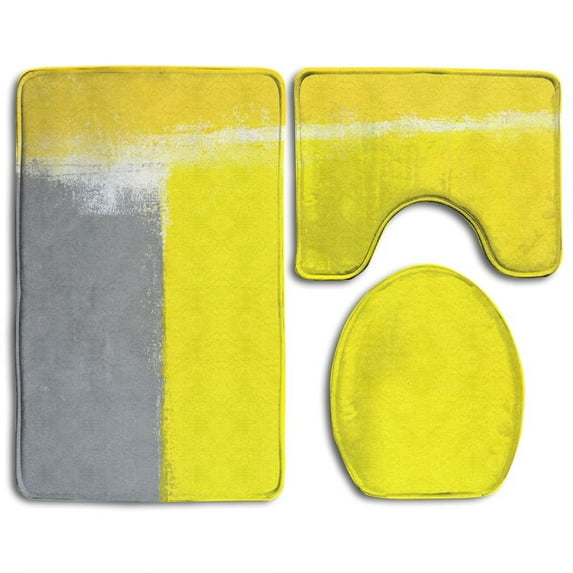 GOHAO Grey Yellow Abstract Art Painting 3 Piece Bathroom Rugs Set Bath Rug Contour Mat and Toilet Lid Cover