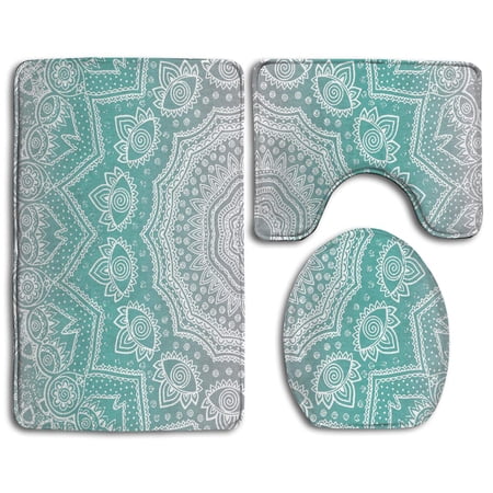 GOHAO Grey and Turquoise Mandala 3 Piece Bathroom Rugs Set Bath Rug Contour Mat and Toilet Lid Cover