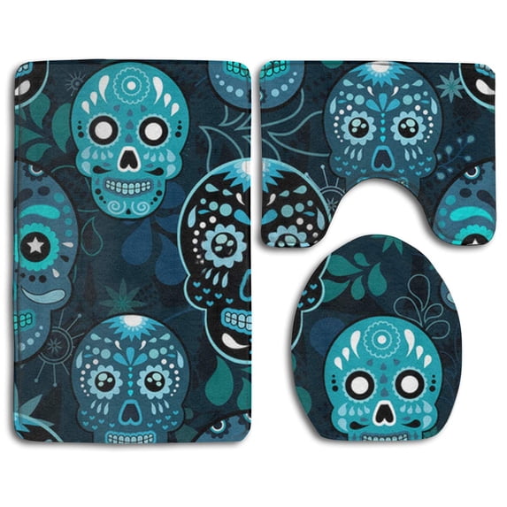 GOHAO Grunge Cute Sugar Skulls Day Dead Floral 3 Piece Bathroom Rugs Set Bath Rug Contour Mat and Toilet Lid Cover