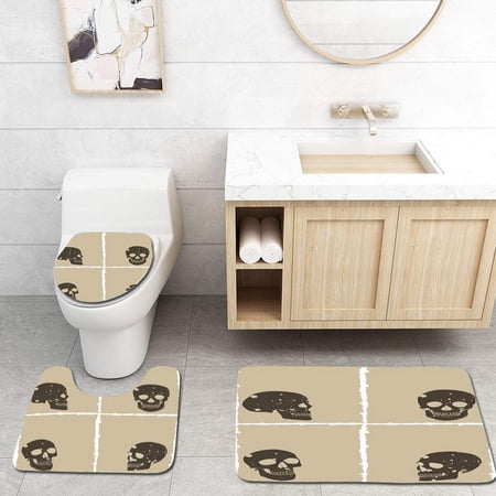 GOHAO Grunge Skull Figure on Murky Flat Halloween Crossbones Spooky Monster Tan 3 Piece Bathroom Rugs Set Bath Rug Contour Mat and Toilet Lid Cover