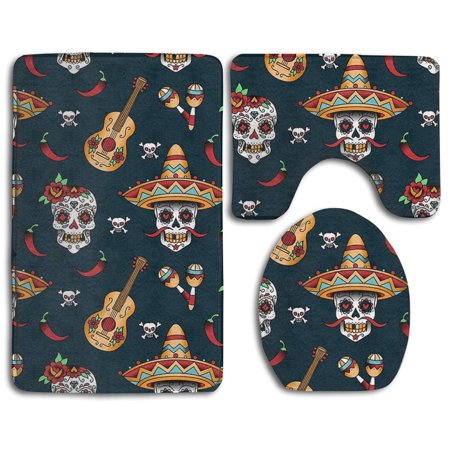 GOHAO Guitar Pepper Sugar Skull 3 Piece Bathroom Rugs Set Bath Rug Contour Mat and Toilet Lid Cover