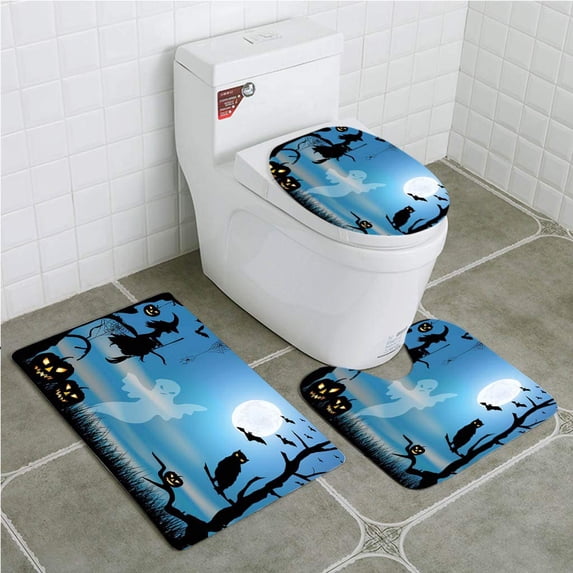 GOHAO Halloween Ghost Witch Owl Spider Web Bats Trees Fantastic Grange Forest at Night 3 Piece Bathroom Rugs Set Bath Rug Contour Mat and Toilet Lid Cover
