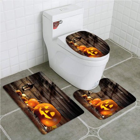 GOHAO Halloween Grinning Expression Pumpkin Country House Squash Bunch on Wooden Planks 3 Piece Bathroom Rugs Set Bath Rug Contour Mat and Toilet Lid Cover
