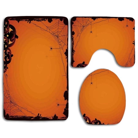 GOHAO Halloween Grunge Spider Web Pumpkins Horror Time Year Trick Or Treat 3 Piece Bathroom Rugs Set Bath Rug Contour Mat and Toilet Lid Cover