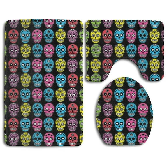 GOHAO Halloween Sugar Skull 3 Piece Bathroom Rugs Set Bath Rug Contour Mat and Toilet Lid Cover