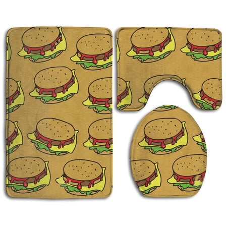 GOHAO Hamburger Junk Food 3 Piece Bathroom Rugs Set Bath Rug Contour Mat and Toilet Lid Cover