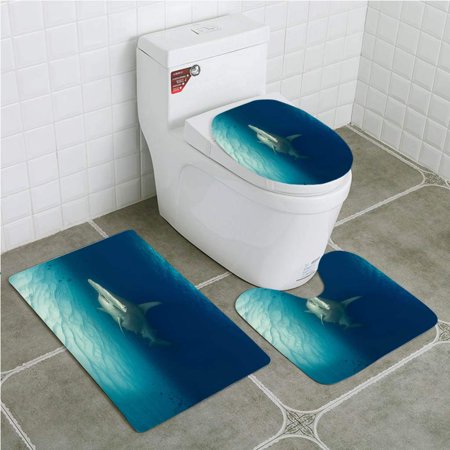 GOHAO Hammerhead Shark on Ocean Floor 3 Piece Bathroom Rugs Set Bath Rug Contour Mat and Toilet Lid Cover