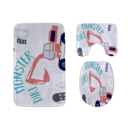 GOHAO Hand Drawing Digger 3 Piece Bathroom Rugs Set Bath Rug Contour Mat and Toilet Lid Cover
