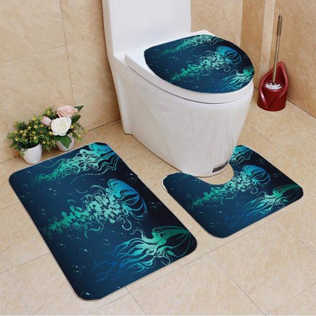 GOHAO Hand Drawn Jellyfish 3 Piece Bathroom Rugs Set Bath Rug Contour Mat and Toilet Lid Cover