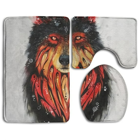 GOHAO Handsome Wolf 3 Piece Bathroom Rugs Set Bath Rug Contour Mat and Toilet Lid Cover