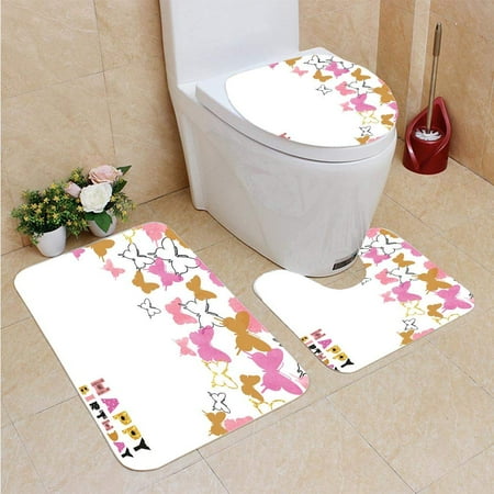 GOHAO Happy Birthday Card Butterflies 3 Piece Bathroom Rugs Set Bath Rug Contour Mat and Toilet Lid Cover