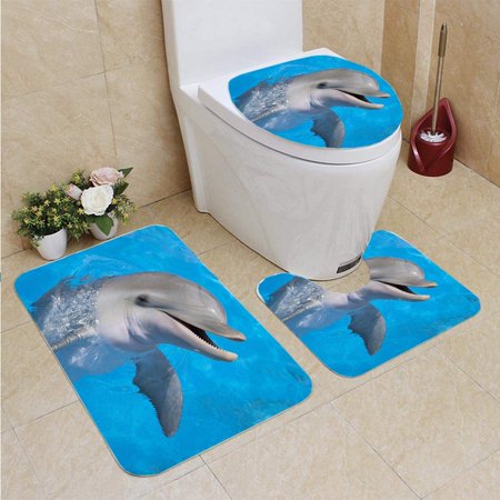 GOHAO Happy Dolphin 3 Piece Bathroom Rugs Set Bath Rug Contour Mat and Toilet Lid Cover