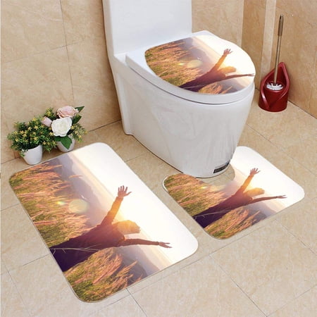 GOHAO Happy Freedom in Sunrise Nature 3 Piece Bathroom Rugs Set Bath Rug Contour Mat and Toilet Lid Cover