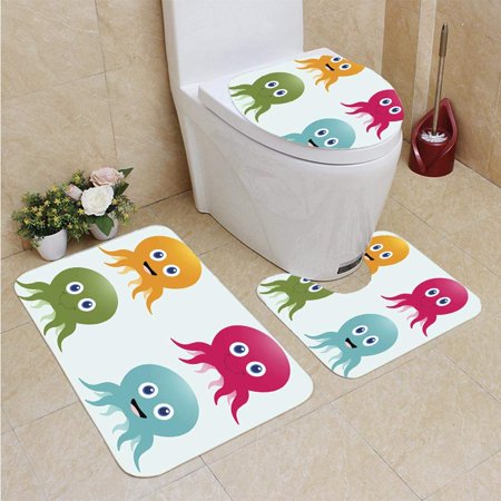 GOHAO Happy Octopi 3 Piece Bathroom Rugs Set Bath Rug Contour Mat and Toilet Lid Cover