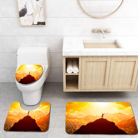 GOHAO Happy Woman on Peak Mountain Enjoying Success Freedom and Bright Future 3 Piece Bathroom Rugs Set Bath Rug Contour Mat and Toilet Lid Cover
