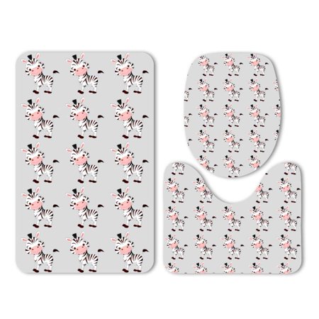 GOHAO Happy Zebra Stripes Standing Cute 3 Piece Bathroom Rugs Set Bath Rug Contour Mat and Toilet Lid Cover