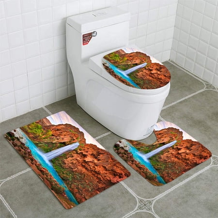 GOHAO Havasu Falls 3 Piece Bathroom Rugs Set Bath Rug Contour Mat and Toilet Lid Cover