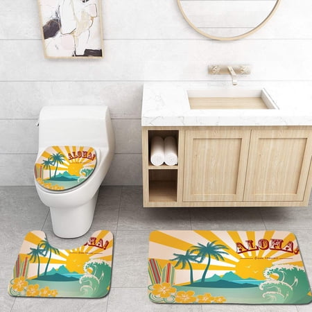 GOHAO Hawaii Card 3 Piece Bathroom Rugs Set Bath Rug Contour Mat and Toilet Lid Cover