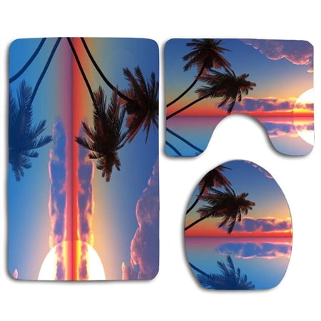 GOHAO Hawaii Palm Tree 3 Piece Bathroom Rugs Set Bath Rug Contour Mat and Toilet Lid Cover