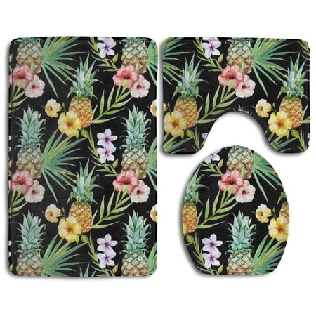 GOHAO Hawaii Watercolor Pineapples 3 Piece Bathroom Rugs Set Bath Rug Contour Mat and Toilet Lid Cover