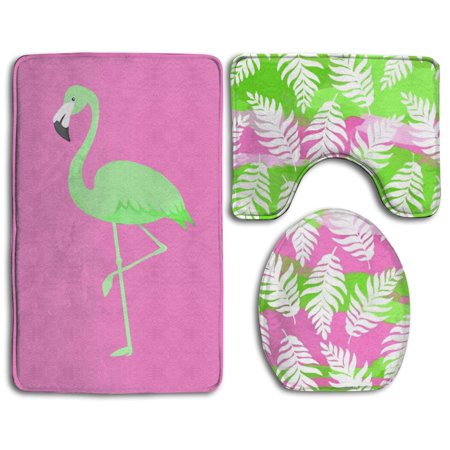 GOHAO Hawaiian Flamingo Palm Leaves 3 Piece Bathroom Rugs Set Bath Rug Contour Mat and Toilet Lid Cover