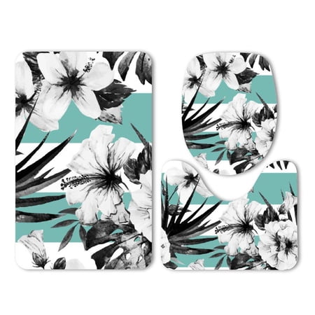 GOHAO Hawaiian Hibiscus Flowers Exotic Style 3 Piece Bathroom Rugs Set Bath Rug Contour Mat and Toilet Lid Cover