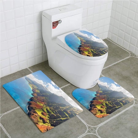 GOHAO Hawaiian Na Pali Coast on Kauai Island Clear Water Sunshines Foggy 3 Piece Bathroom Rugs Set Bath Rug Contour Mat and Toilet Lid Cover