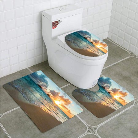 GOHAO Hawaiian Scenic Sunrise Over Ocean Rocks Sand Clouds Sunshine Tide Sunbeam Seashore 3 Piece Bathroom Rugs Set Bath Rug Contour Mat and Toilet Lid Cover