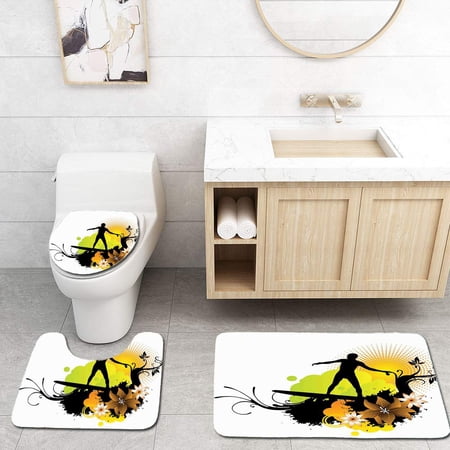 GOHAO Hawaiian Surf Athlete Youth Culture Sea Water Sports Waves Joy Under Sun 3 Piece Bathroom Rugs Set Bath Rug Contour Mat and Toilet Lid Cover
