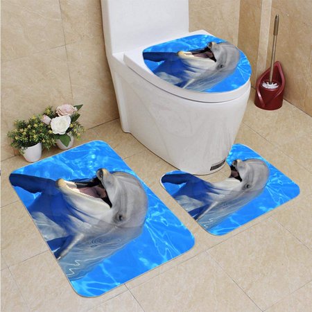 GOHAO Head Bottlenose Dolphin 3 Piece Bathroom Rugs Set Bath Rug Contour Mat and Toilet Lid Cover