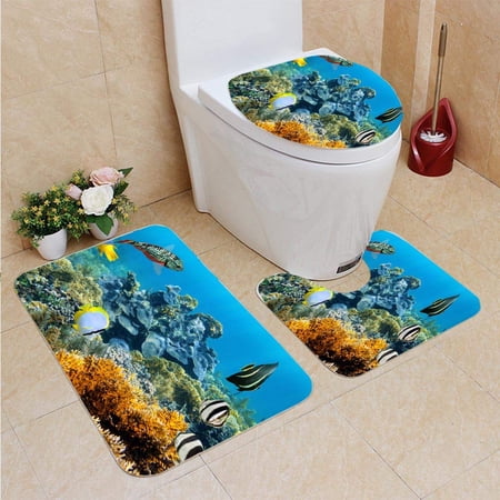 GOHAO Healthy Coral Reef 3 Piece Bathroom Rugs Set Bath Rug Contour Mat and Toilet Lid Cover