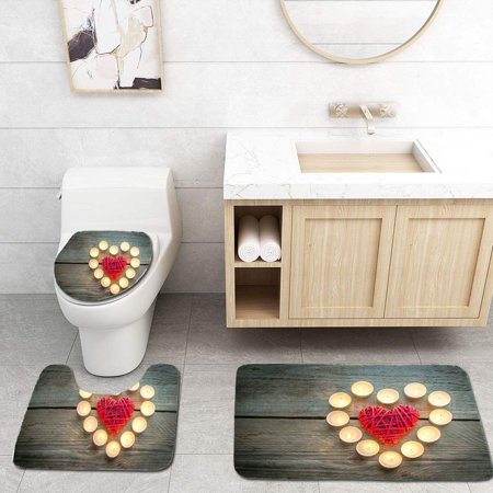 GOHAO Heart Burning Candles on Wooden 1 3 Piece Bathroom Rugs Set Bath Rug Contour Mat and Toilet Lid Cover