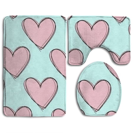 GOHAO Hearts 3 Piece Bathroom Rugs Set Bath Rug Contour Mat and Toilet Lid Cover
