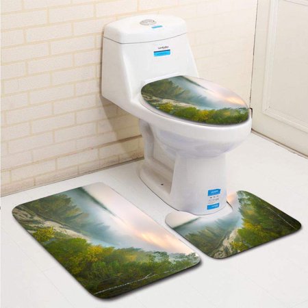 GOHAO Heavy Fog in National Park Deer Streams 3 Piece Bathroom Rugs Set Bath Rug Contour Mat and Toilet Lid Cover