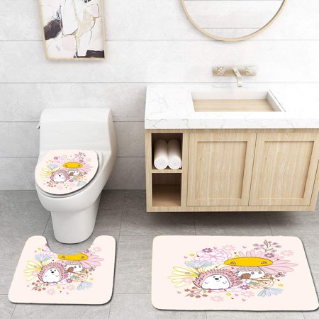 GOHAO Hedgehog Abstract Mushroom House Hedgehog Floral Arrangement 3 Piece Bathroom Rugs Set Bath Rug Contour Mat and Toilet Lid Cover