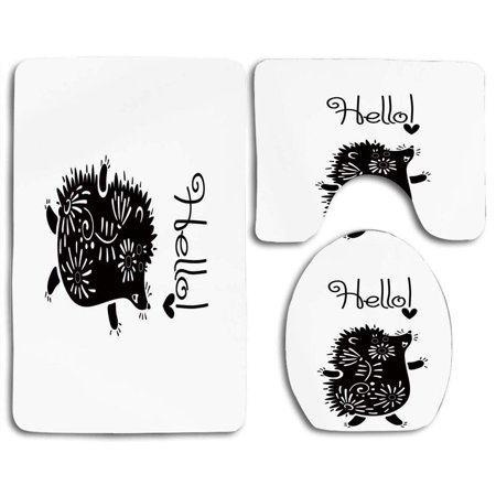 GOHAO Hedgehog Doodle Spikes Flowers Hello Quote Funny 3 Piece Bathroom Rugs Set Bath Rug Contour Mat and Toilet Lid Cover
