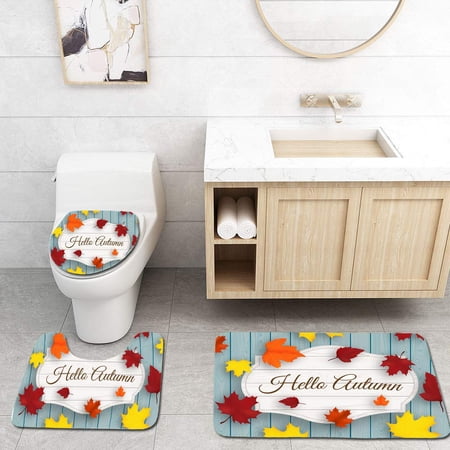 GOHAO Hello Autumn Wooden Signboard Leaves and Blue Old Wood Planks 3 Piece Bathroom Rugs Set Bath Rug Contour Mat and Toilet Lid Cover