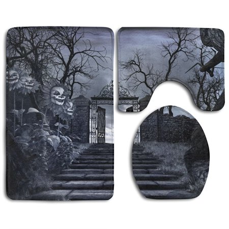 GOHAO Horror Scenery Stairs Old Gateway Creepy Sunflowers 3 Piece Bathroom Rugs Set Bath Rug Contour Mat and Toilet Lid Cover